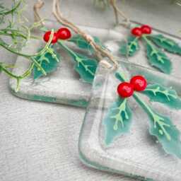 Holly Sprig ~ Handmade Fused Glass Christmas Tree Decoration Square - thumbnail 1