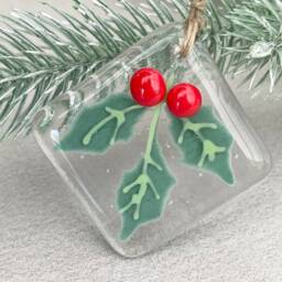 Holly Sprig ~ Handmade Fused Glass Christmas Tree Decoration Square - thumbnail 2