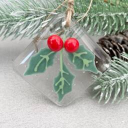 Holly Sprig ~ Handmade Fused Glass Christmas Tree Decoration Square - thumbnail 3