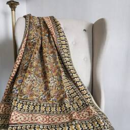 Handblock Handprinted Handloom Mudcloth Natural Sustainable Cotton Vegan Sofa Throw Blanket - Picnic Beach Rug Mughal Mustard Floral - thumbnail 2