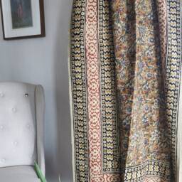 Handblock Handprinted Handloom Mudcloth Natural Sustainable Cotton Vegan Sofa Throw Blanket - Picnic Beach Rug Mughal Mustard Floral - thumbnail 3