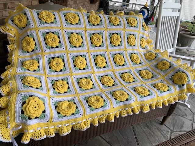 Crocheted Yellow Rose Afghan Handmade Cottage Style Throw Blanket - image 1