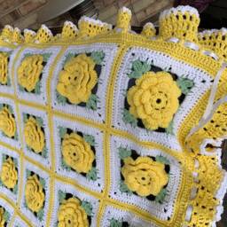 Crocheted Yellow Rose Afghan Handmade Cottage Style Throw Blanket - thumbnail 3
