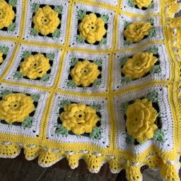 Crocheted Yellow Rose Afghan Handmade Cottage Style Throw Blanket - thumbnail 2