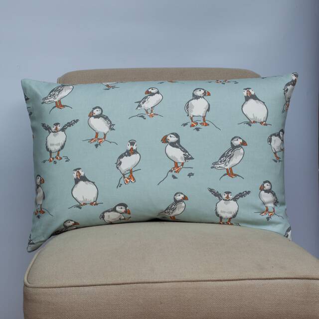 Puffins Xl Rectangular Cushion in Marine Blue. Nautical Inspired Seabird Motif Design. 100% Cotton, 23X15 - image 1