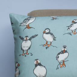 Puffins Xl Rectangular Cushion in Marine Blue. Nautical Inspired Seabird Motif Design. 100% Cotton, 23X15 - thumbnail 2