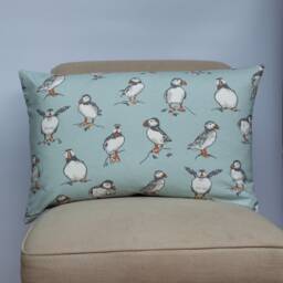 Puffins Xl Rectangular Cushion in Marine Blue. Nautical Inspired Seabird Motif Design. 100% Cotton, 23X15 - thumbnail 1