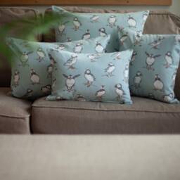 Puffins Xl Rectangular Cushion in Marine Blue. Nautical Inspired Seabird Motif Design. 100% Cotton, 23X15 - thumbnail 3