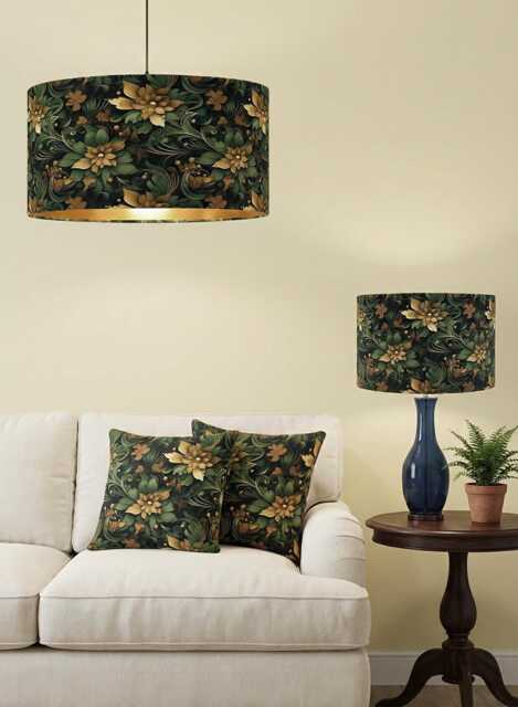 Handmade By Order Green Gold Floral Plant Pattern On Velvet Drum Lamp Shade Pendant Light All Shapes & Sizes Available - image 1