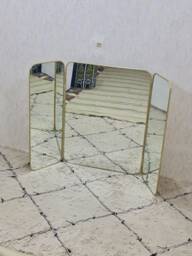 Golden Triptych Mirror Barber Triple Vintage Brass Handmade Moroccan Bathroom - thumbnail 1
