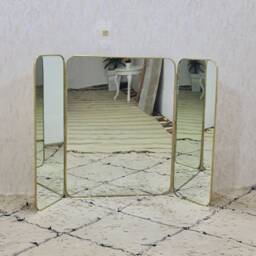 Golden Triptych Mirror Barber Triple Vintage Brass Handmade Moroccan Bathroom - thumbnail 2