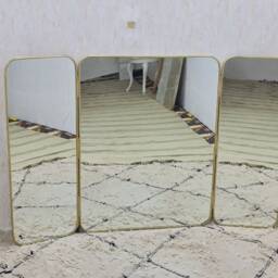 Golden Triptych Mirror Barber Triple Vintage Brass Handmade Moroccan Bathroom - thumbnail 3