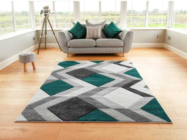 New Emerald Green Silver Grey Rugs Small Large Mats Modern Contemporary Design UK - image 1