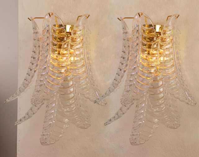 Murano Glass Sconce, Set Of 2 - Clear Three Leaves Mid-Century Italian Wall Light - image 1