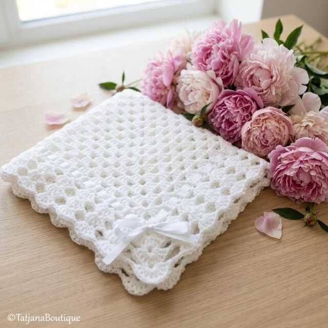 White Crochet Baby Blanket With Satin Ribbon, Christening Baptism Wrap, Heirloom Shower Gift, Newborn Photo Prop Afghan - image 1