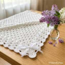 Crochet Baby Blanket With Satin Ribbon, White Shower Gift, 4 Sizes - thumbnail 3