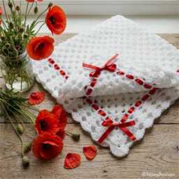 Crochet Baby Blanket With Satin Ribbon, White Shower Gift, 4 Sizes - thumbnail 4