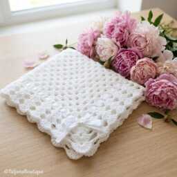White Crochet Baby Blanket With Satin Ribbon, Christening Baptism Wrap, Heirloom Shower Gift, Newborn Photo Prop Afghan - thumbnail 1