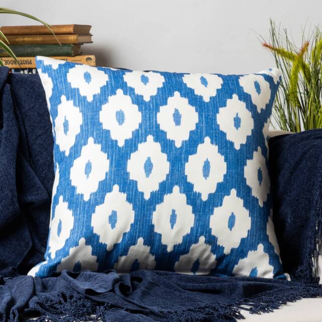 Sorrento Ikat Cushion Cover. Modern Marine Blue & White Geometric Diamond Design, 17x17 - image 1