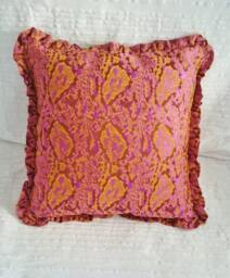Pink Cushion, Old Pink & Light Brown, Edged With Flounce. Pillow Cover in Brocade, Case, Insert Sold Apart - thumbnail 1