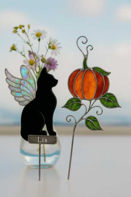 Cat Memorial Real Stain Glass Suncatcher Stake - Angel Stained Plant Decor, Personalized Pet Loss Gift Custom Name - image 1