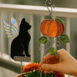 Cat Memorial Real Stain Glass Suncatcher Stake - Angel Stained Plant Decor, Personalized Pet Loss Gift Custom Name - thumbnail 2