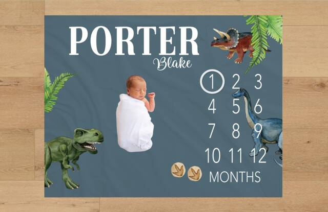 Dinosaur Baby Milestone Blanket Personalized Monthly Custom Shower Gift For New Mom Keepsake One Year - image 1