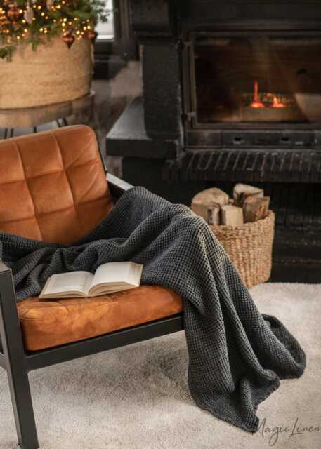 Dark Gray Waffle Linen Blanket - Charcoal Sofa Throw Textured Stonewashed Bed Cover Modern Neutral Couch Layer Minimalist Home Decor - image 1