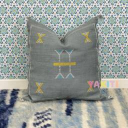 Yakiti-Grey Square Moroccan Pillows, Aka Cactus Silk Pillow, Decorative Pillows, Sabra Pillows, Moroccan Decor Designer Cactus - thumbnail 2