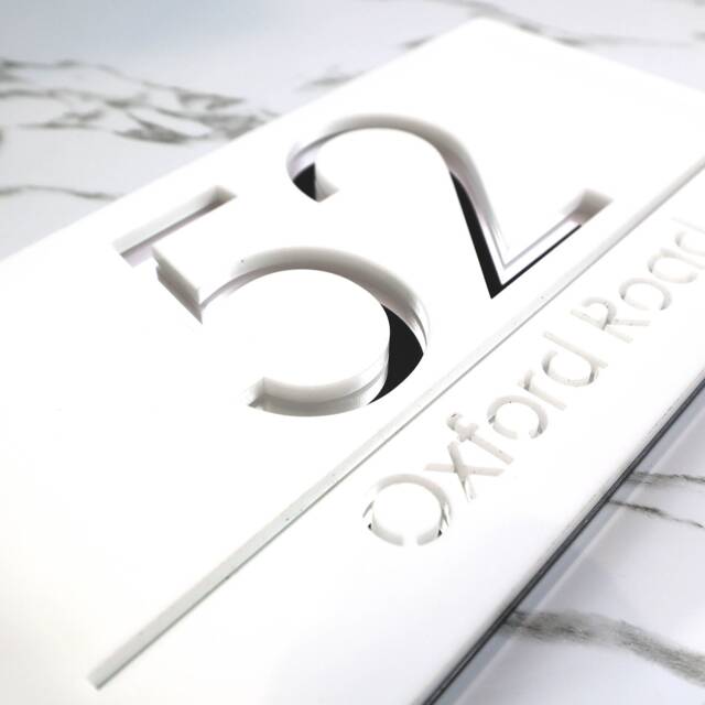 K Smart Sign - Laser Cut Matt White & Rose Silver Mirror Personalised Door Numbers House Number Signs 3D 30cm X 16cm - image 1