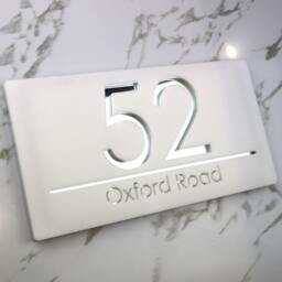 K Smart Sign - Laser Cut Matt White & Rose Silver Mirror Personalised Door Numbers House Number Signs 3D 30cm X 16cm - thumbnail 2