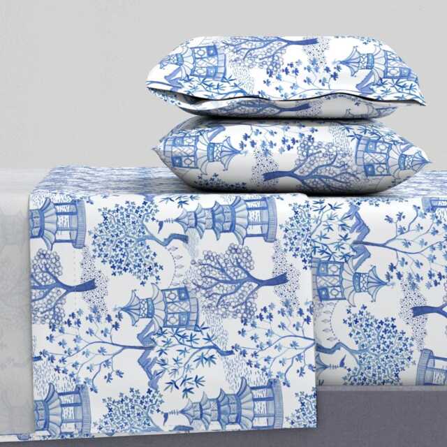 Chinoiserie Sheets - Pagoda Forest Blues By Danika_Herrick Blue White Toile & Cotton Sateen Sheet Set Bedding Spoonflower - image 1