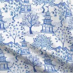 Chinoiserie Sheets - Pagoda Forest Blues By Danika_Herrick Blue White Toile & Cotton Sateen Sheet Set Bedding Spoonflower - thumbnail 4