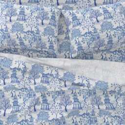Chinoiserie Sheets - Pagoda Forest Blues By Danika_Herrick Blue White Toile & Cotton Sateen Sheet Set Bedding Spoonflower - thumbnail 3