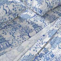 Chinoiserie Sheets - Pagoda Forest Blues By Danika_Herrick Blue White Toile & Cotton Sateen Sheet Set Bedding Spoonflower - thumbnail 2