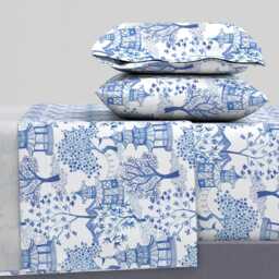 Chinoiserie Sheets - Pagoda Forest Blues By Danika_Herrick Blue White Toile & Cotton Sateen Sheet Set Bedding Spoonflower