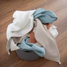 Waffle Linen Face Towel in Toasted Peach. Linen-Cotton Blend Waffle Washcloth. Absorbent & High Quality - thumbnail 2