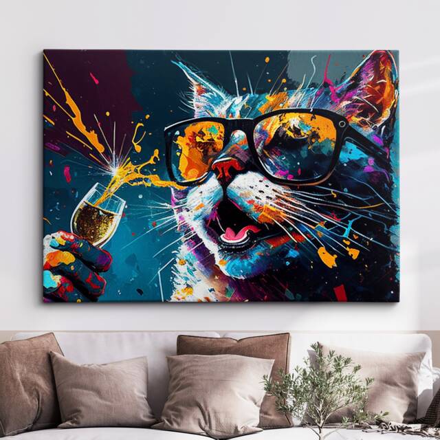 Cat Toasting Drink Glasses Animal Art Abstract Oil Painting Framed Poster Print & Canvas Wall Living Home Decor Interior Gift - image 1