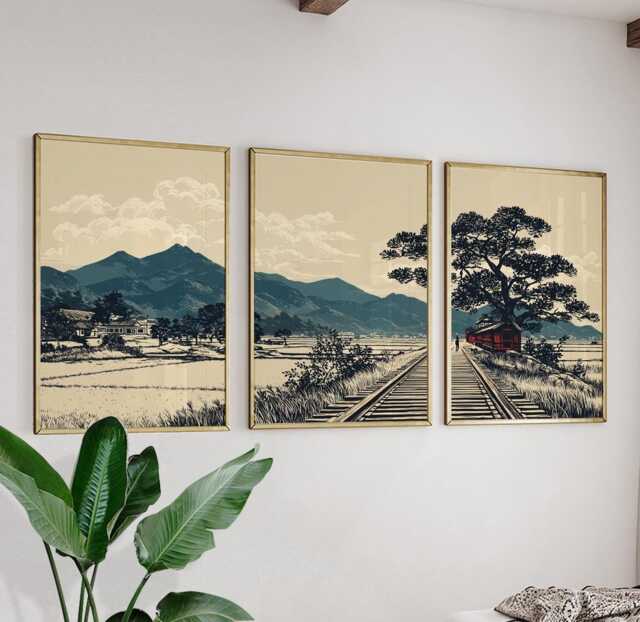 Vintage Landscape Wall Art Neutral Tones - Mountain Railway Illustration Set Of 3 Posters - image 1