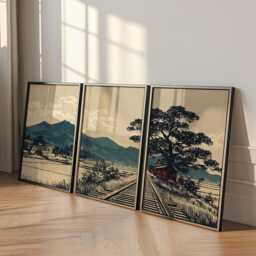 Vintage Landscape Wall Art Neutral Tones - Mountain Railway Illustration Set Of 3 Posters - thumbnail 3