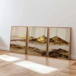 Gold Foil Mountain Print Set Abstract Landscape Wall Art, Earth Tones - thumbnail 2