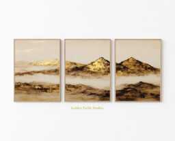 Gold Foil Mountain Print Set Abstract Landscape Wall Art, Earth Tones - thumbnail 1
