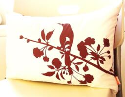 Burgundy Bird & Blossom Pillow Red Silkscreened Cotton, 12x18 - thumbnail 1