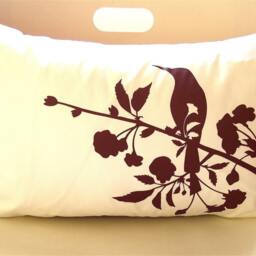 Burgundy Bird & Blossom Pillow Red Silkscreened Cotton, 12x18 - thumbnail 2