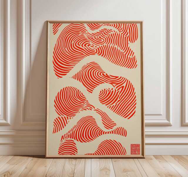 Abstract Japanese Poster, Red Wave Wall Art, Modern Minimalist Print, Zen Inspired Artwork, Geometric Line Design, Contemporary Home Decor - image 1