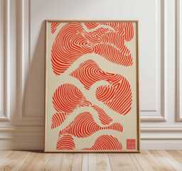 Abstract Japanese Poster, Red Wave Wall Art, Modern Minimalist Print, Zen Inspired Artwork, Geometric Line Design, Contemporary Home Decor - thumbnail 1