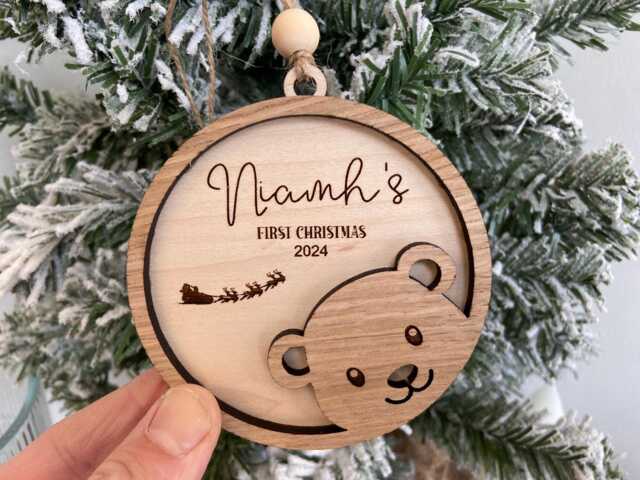 Personalised First Christmas Tree Ornament, Teddy Bear Babies Bauble, Wood Baby's 1st, 2026 - image 1