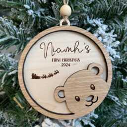 Personalised First Christmas Tree Ornament, Teddy Bear Babies Bauble, Wood Baby's 1st, 2026 - thumbnail 2