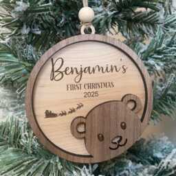 Personalised First Christmas Tree Ornament, Teddy Bear Babies Bauble, Wood Baby's 1st, 2026 - thumbnail 3