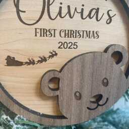 Personalised First Christmas Tree Ornament, Teddy Bear Babies Bauble, Wood Baby's 1st, 2026 - thumbnail 4